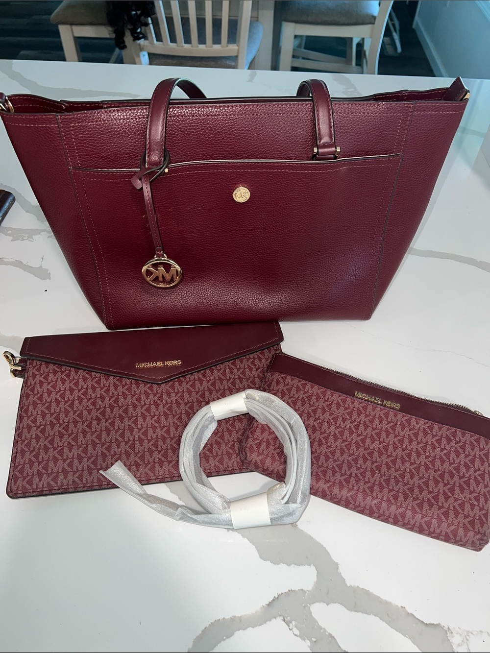 Michael Kors Maroon Structured Tote with Matching Pouches